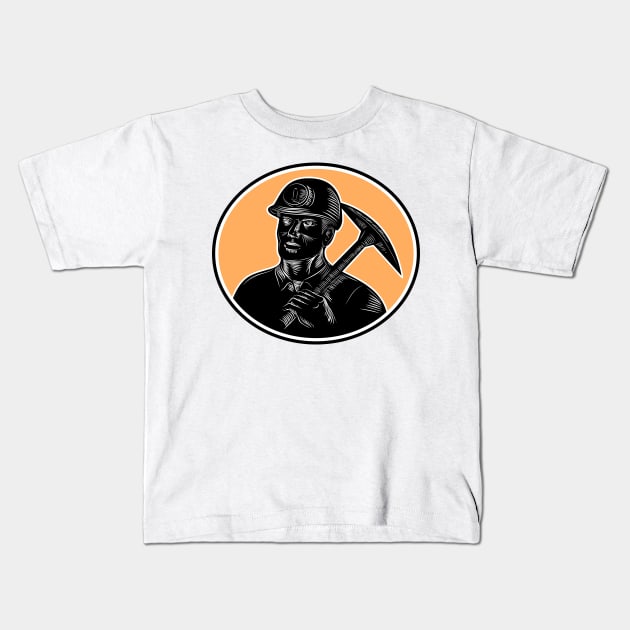 Coal Miner Carry Pick Axe Woodcut Kids T-Shirt by retrovectors